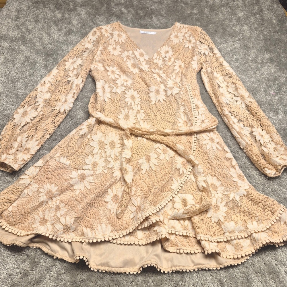 Halfisland Womens XL Peach Beige Floral Lace Pom Pom Wrap Dress Cottagecore Boho